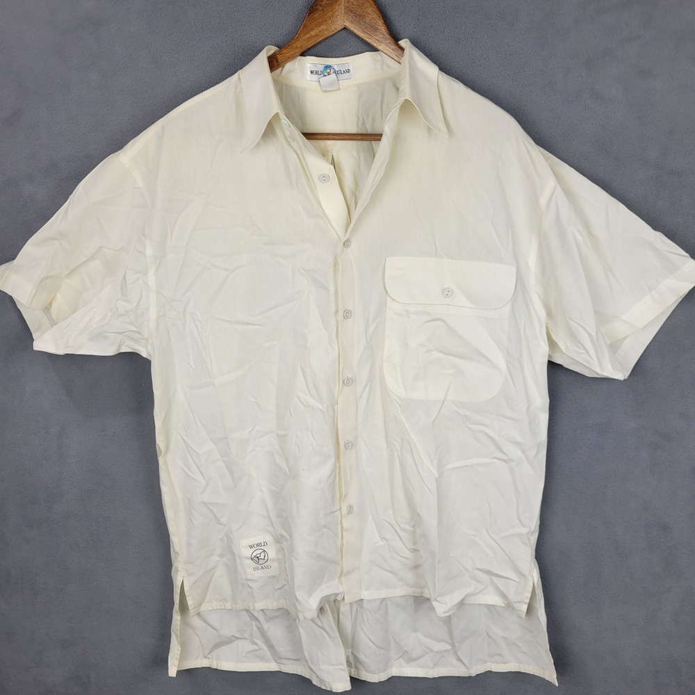 World Island‎ Shirt Mens Large Beige Half Sleeve Cotton High Low Hem Button Up